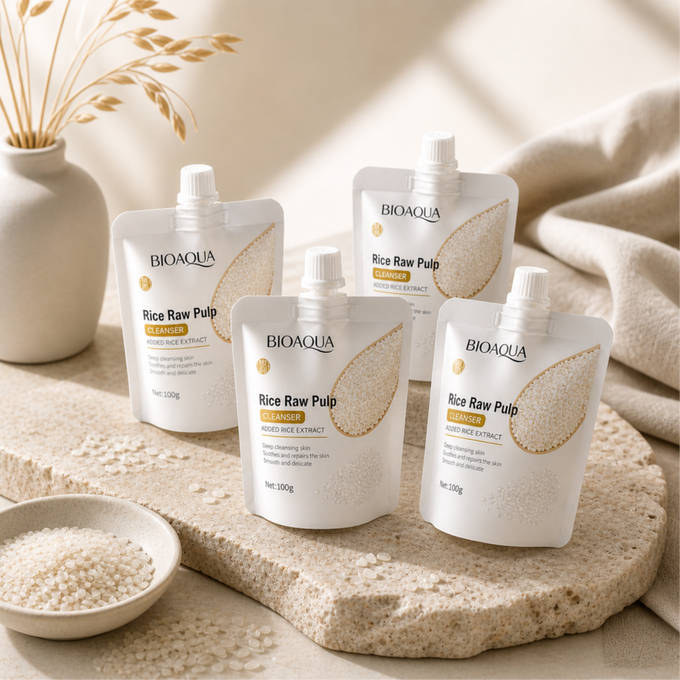 Bioaqua Rice Raw Pulp Mini Care Set – 4 Travel-Size Packs (30G Each)