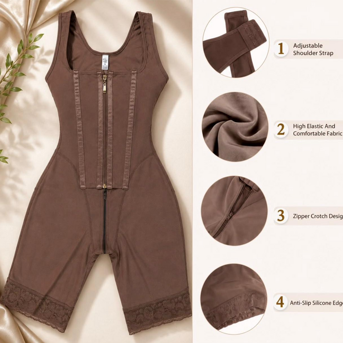 Full Body Shaper with Front Zipper and Adjustable Straps – Brown